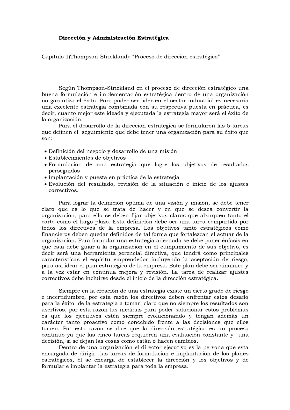 379134734 Resumen Capitulo 1 Proceso de direccion estrategico Thompson  Strickland - Dirección y - Studocu