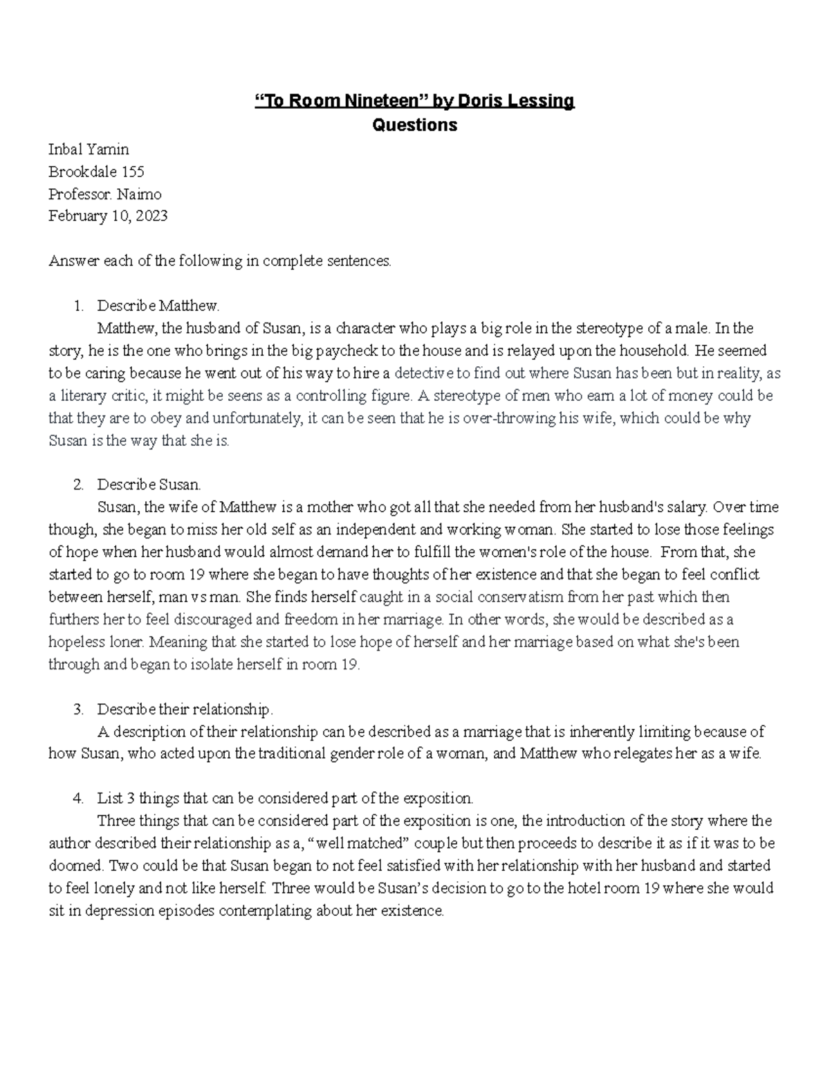 Room Questions “To Room by Doris Lessing Questions Inbal Yamin Brookdale