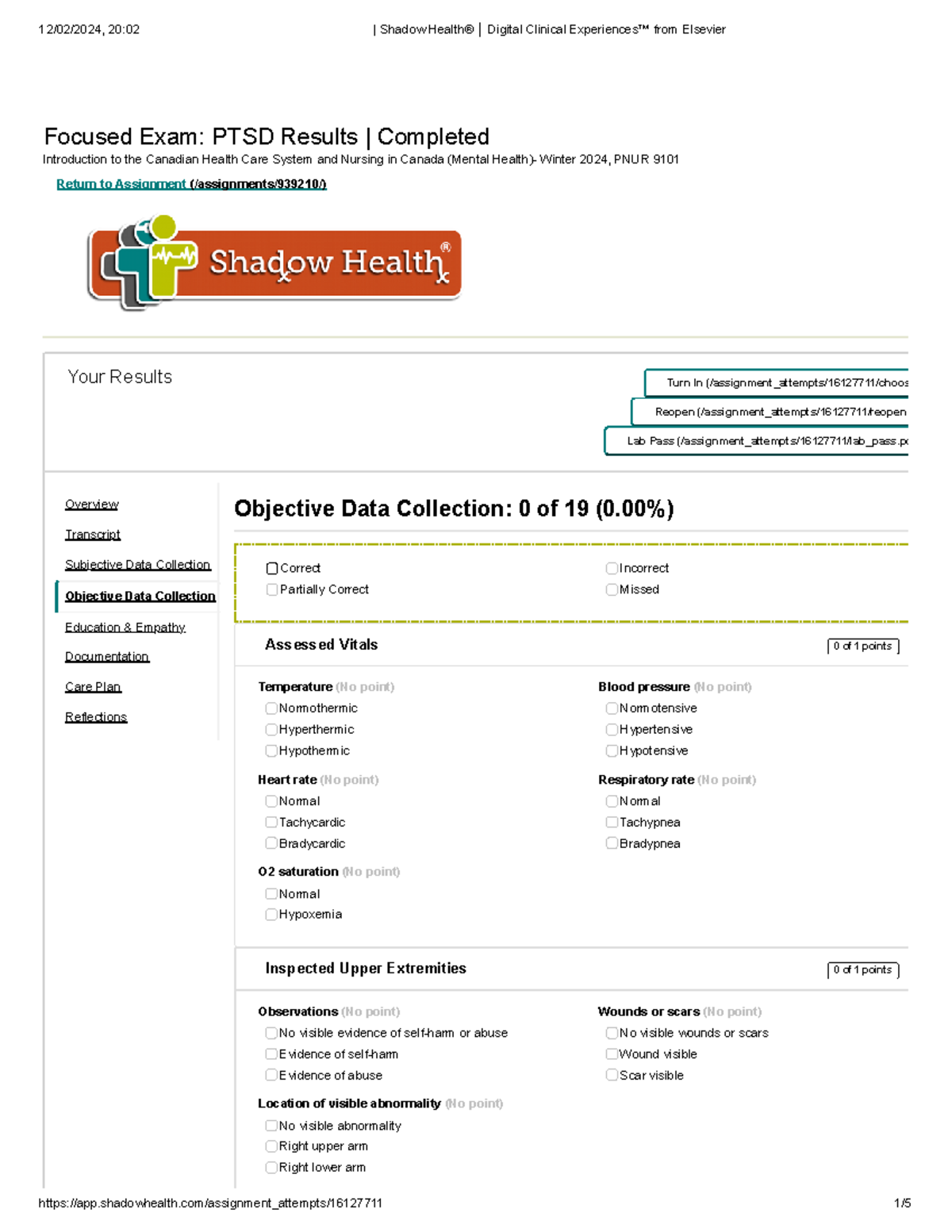 Objective Data Collection PTSD - Focused Exam: PTSD Results | Completed ...