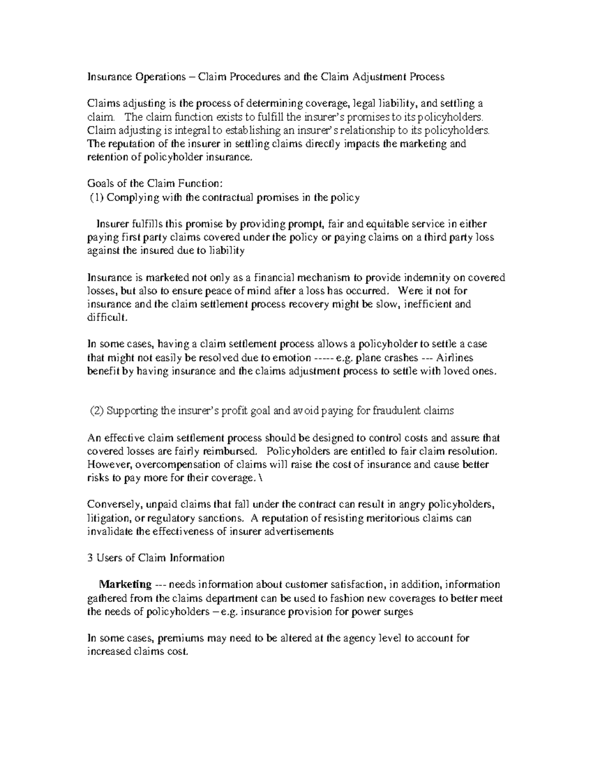 Claims Settlement - solvent - Insurance Operations – Claim Procedures ...