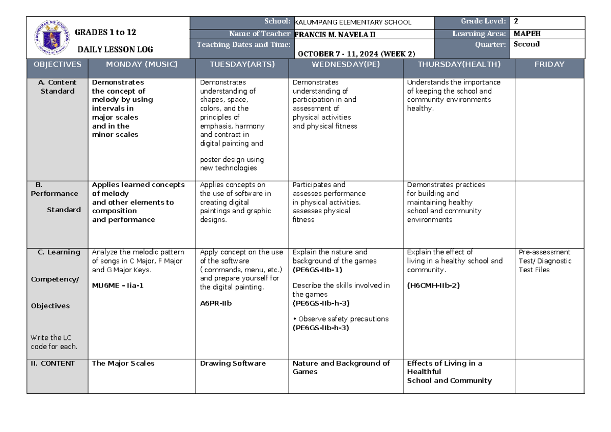 DLL Mapeh 6 Q2 W2 - daily lesson log - GRADES 1 to 12 DAILY LESSON LOG ...