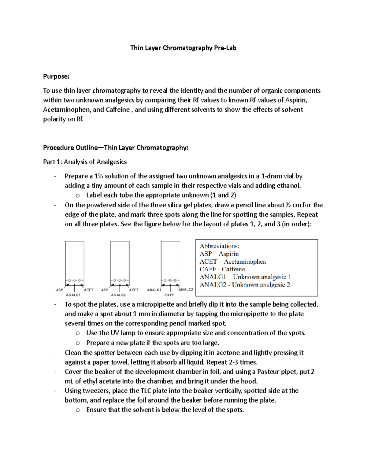 Thin Layer Chromatography PreLab Thin Layer Chromatography PreLab Purpose To use thin layer