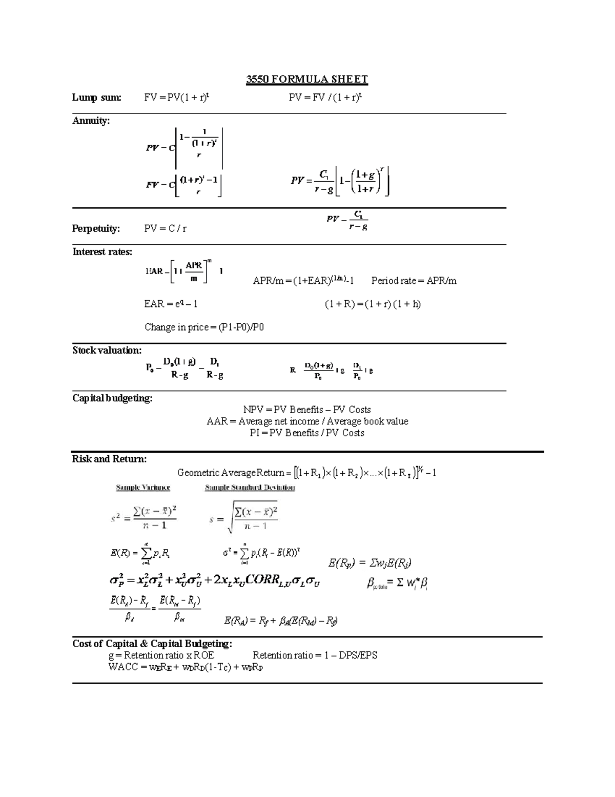 3550 Formula Sheet 3 - 3550 FORMULA SHEET Lump sum: FV = PV(1 + r) t PV ...