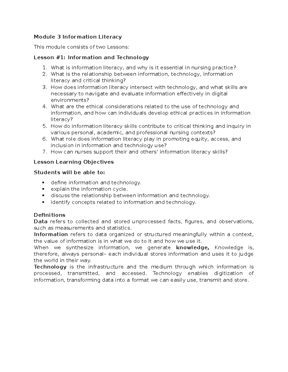 Information Literacy Module 3 Module 3 Information Literacy This