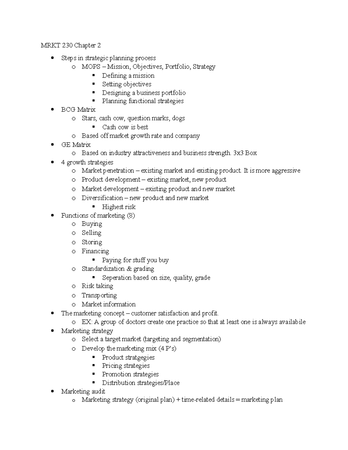MRKT 230 Ch2 Notes MRKT 230 Chapter 2 Steps in strategic planning