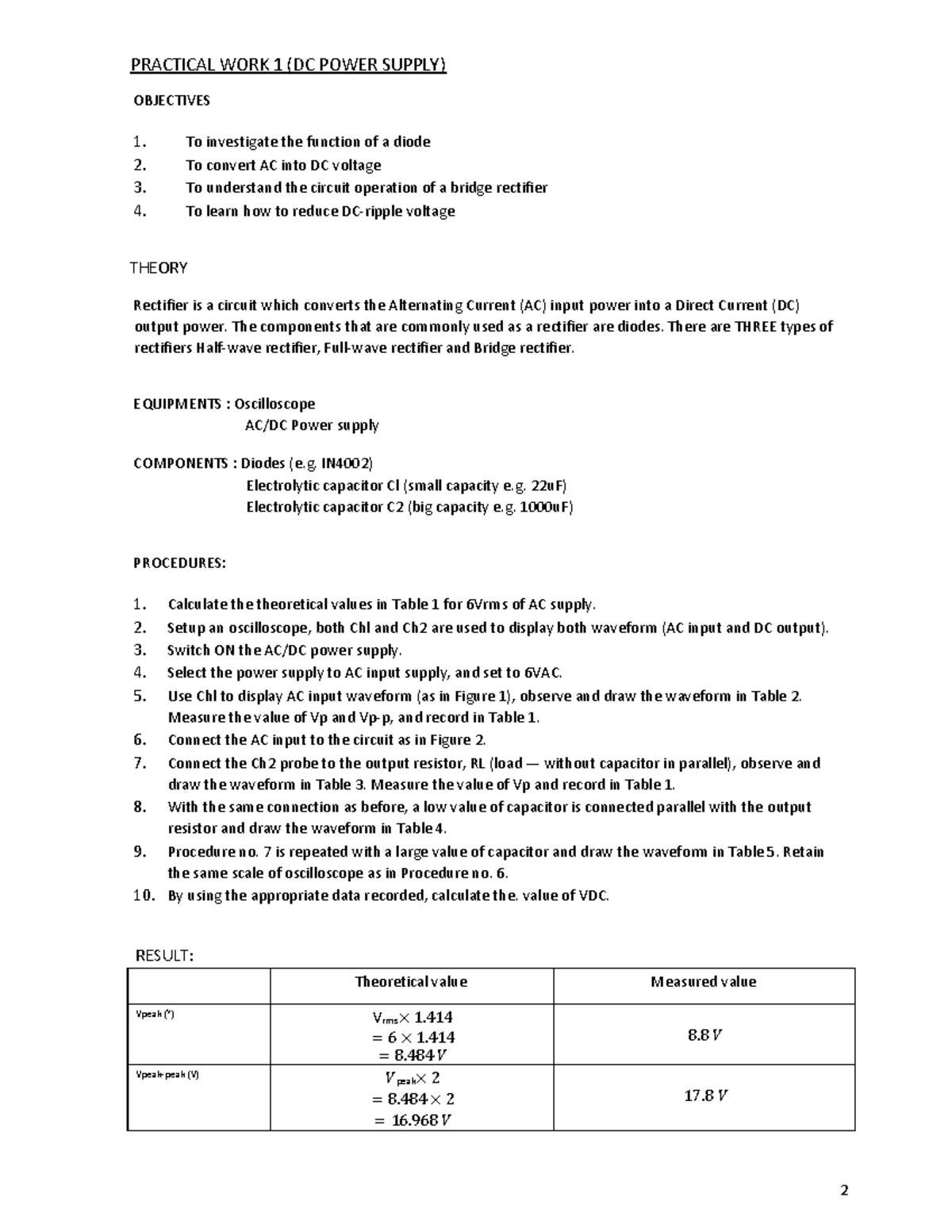 SESI II DEE30043 LAB 1 - PRACTICAL WORK 1 (DC POWER SUPPLY) OBJECTIVES ...