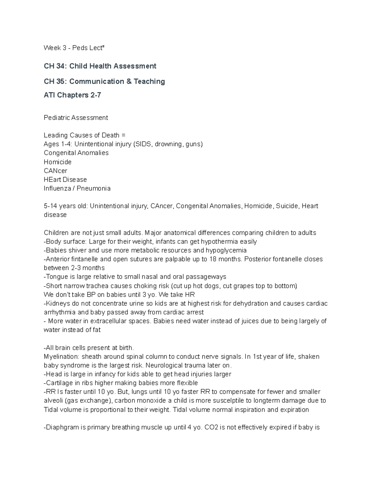 Peds Week 3 - CH 34 and 35 - Pediatric lecture notes - Week 3 - Peds ...