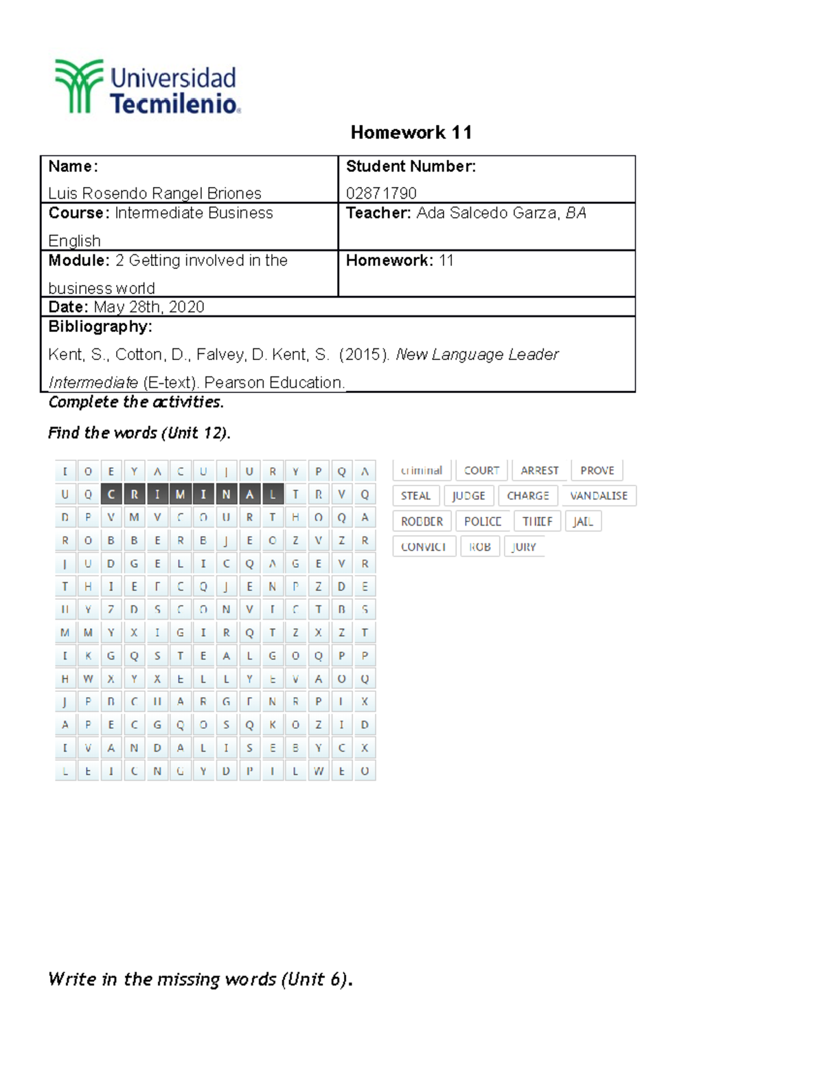 Ingles intermedio Homework 11 - Homework 11 Name: Luis Rosendo Rangel ...