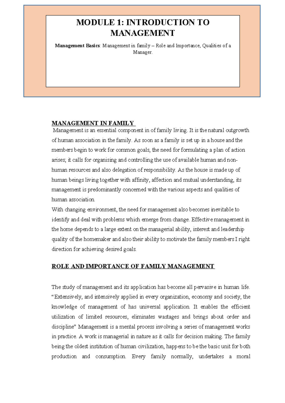 Home Management - MANAGEMENT IN FAMILY Management is an essential ...