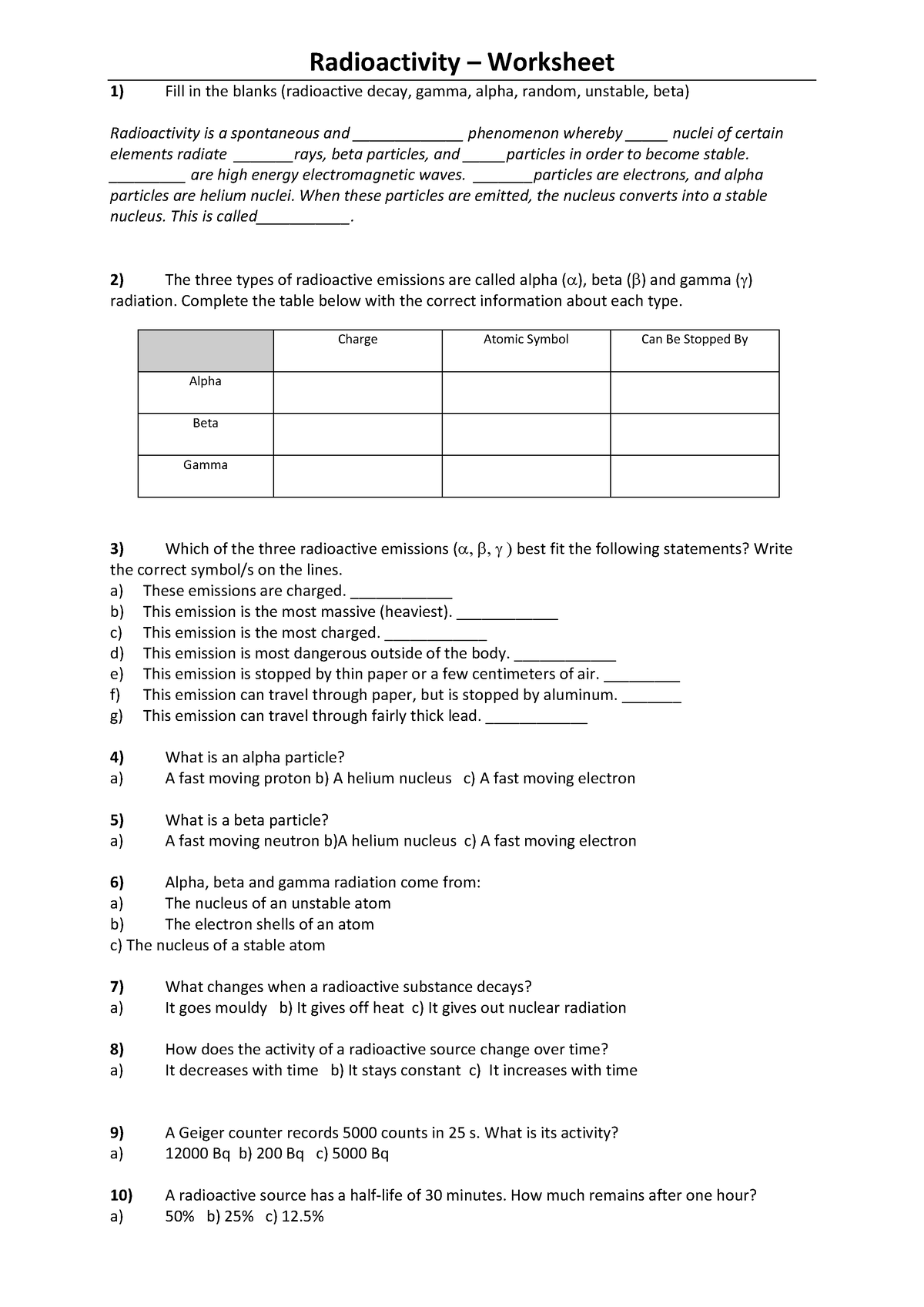 Radiation Worksheet - Calculate - Radioactivity – Worksheet 1) Fill in ...