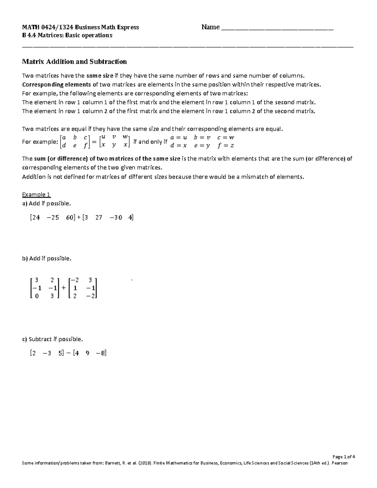 Matrices-Basic Operations - MATH 0424/1324 Business Math Express Name ...