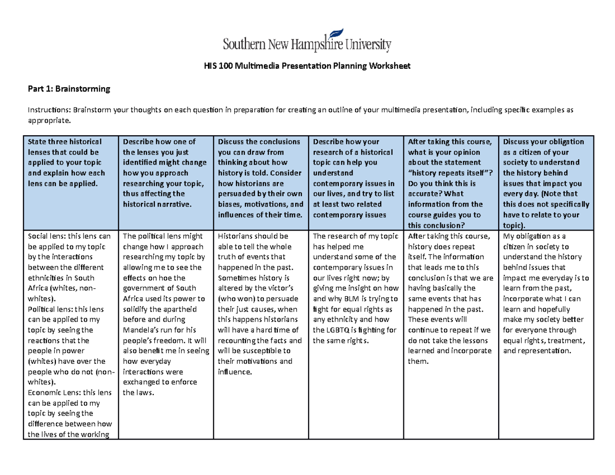 HIS 100 Multimedia Presentation Planning Worksheet - State three ...