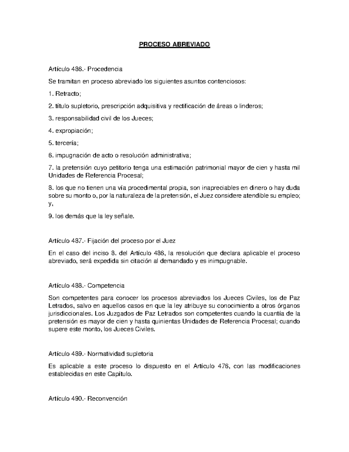 Examen DPC - Tarea - PROCESO ABREVIADO Artículo 486.- Procedencia Se ...