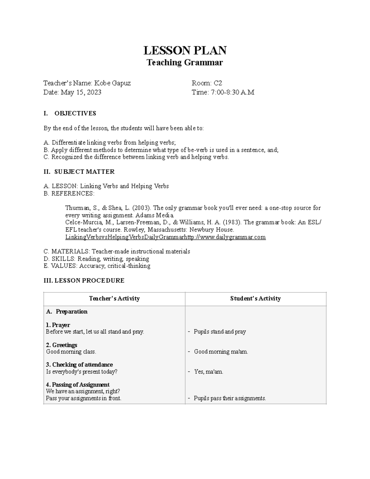 Lesson Plan in Structure of English about verbs - LESSON PLAN Teaching ...