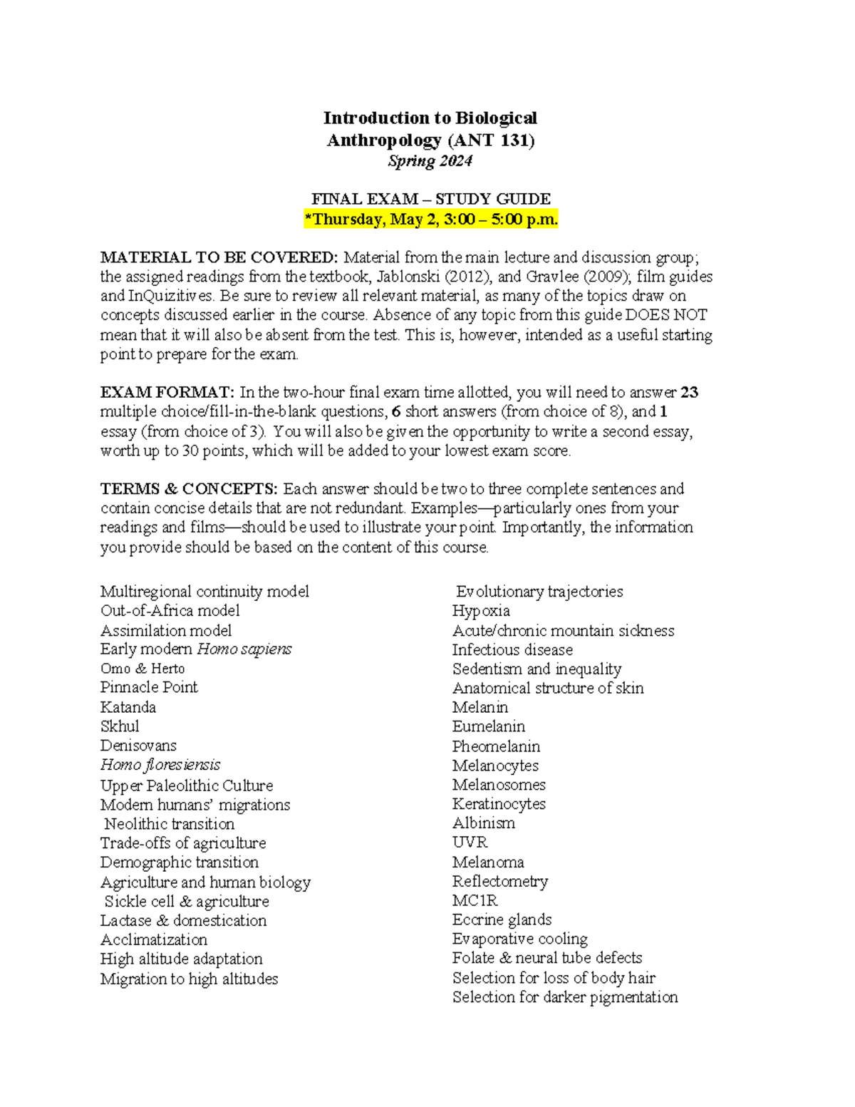 ANT 131 Final Exam Study Guide Sp24 - Introduction to Biological ...