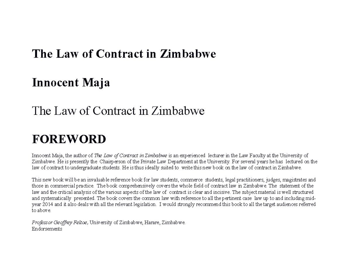 Law of Contract in Zimbabwe - He is presently the Chairperson of the