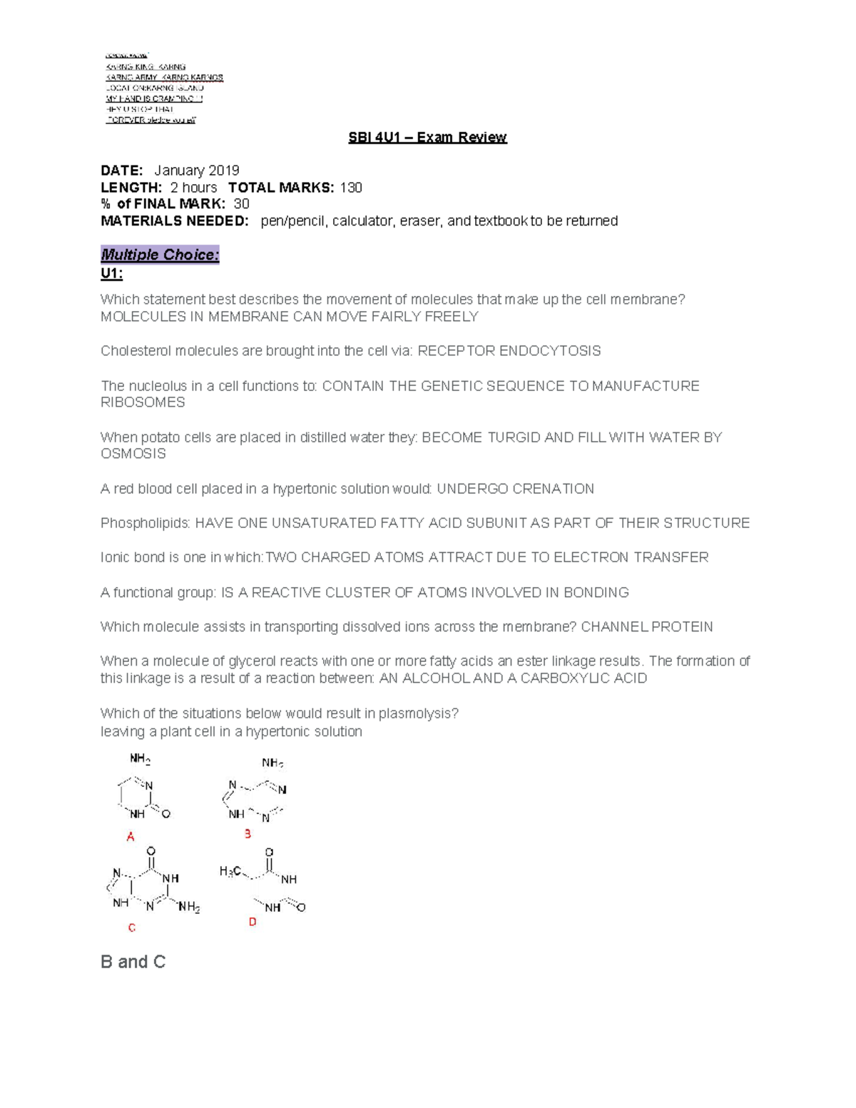 Copy Of Biology Exam Review - SBI 4U1 – Exam Review DATE: January 2019 ...