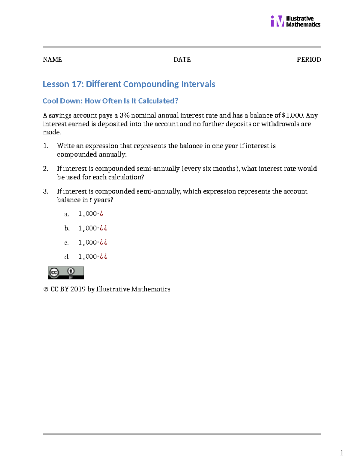 Algebra 1 5 17 Cool Down cool down - NAME DATE PERIOD Lesson 17 ...