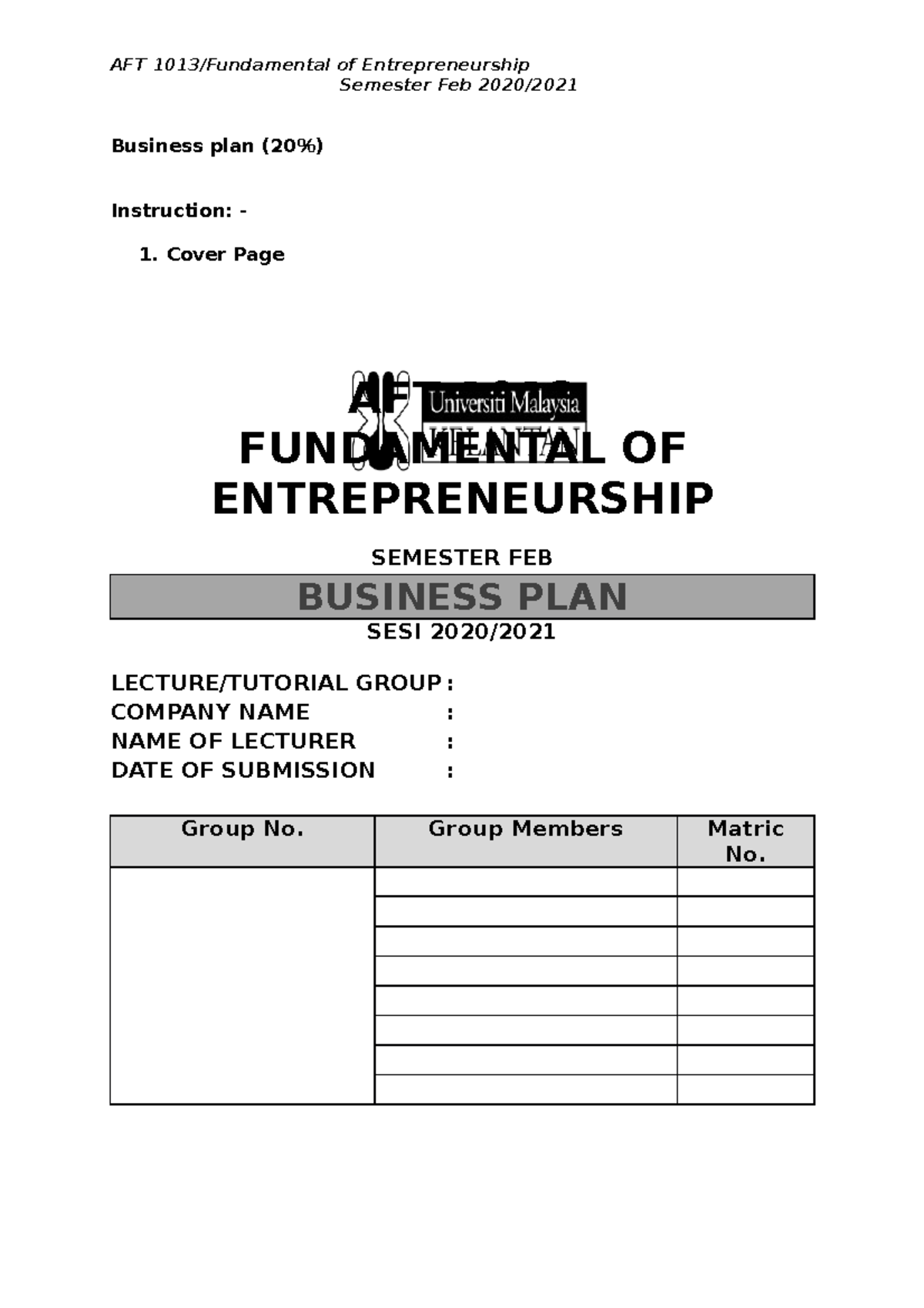 Guideline Business Plan - Semester Feb 2020  Business Plan (20% 