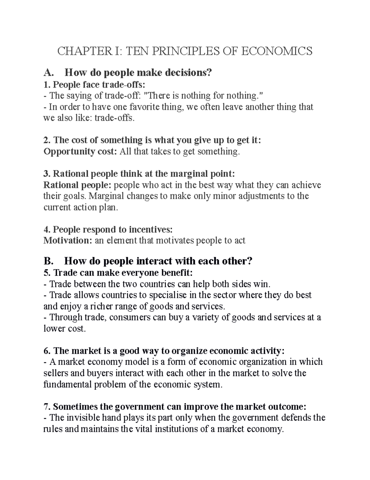 Summary of 4 chapters ECO111 - CHAPTER I: TEN PRINCIPLES OF ECONOMICS A ...
