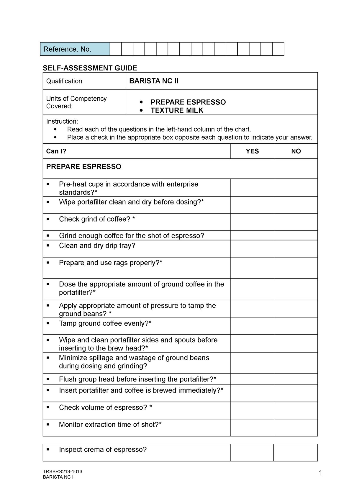 Self - Assessmnet Guide Barista NC II - TRSBRS213- BARISTA NC II 1 ...