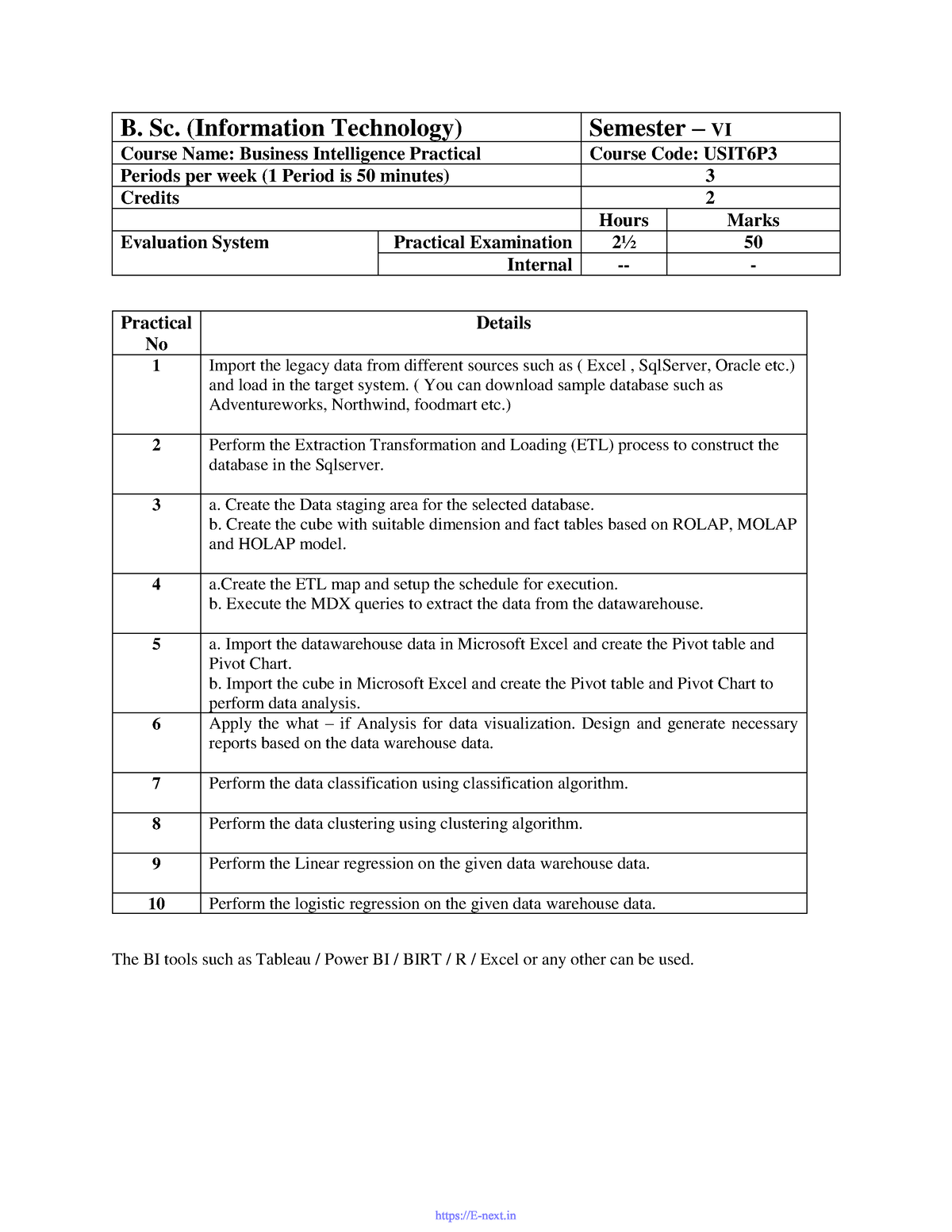 BI Practical Syllabus (E-next - 57 B. Sc. (Information Technology ...