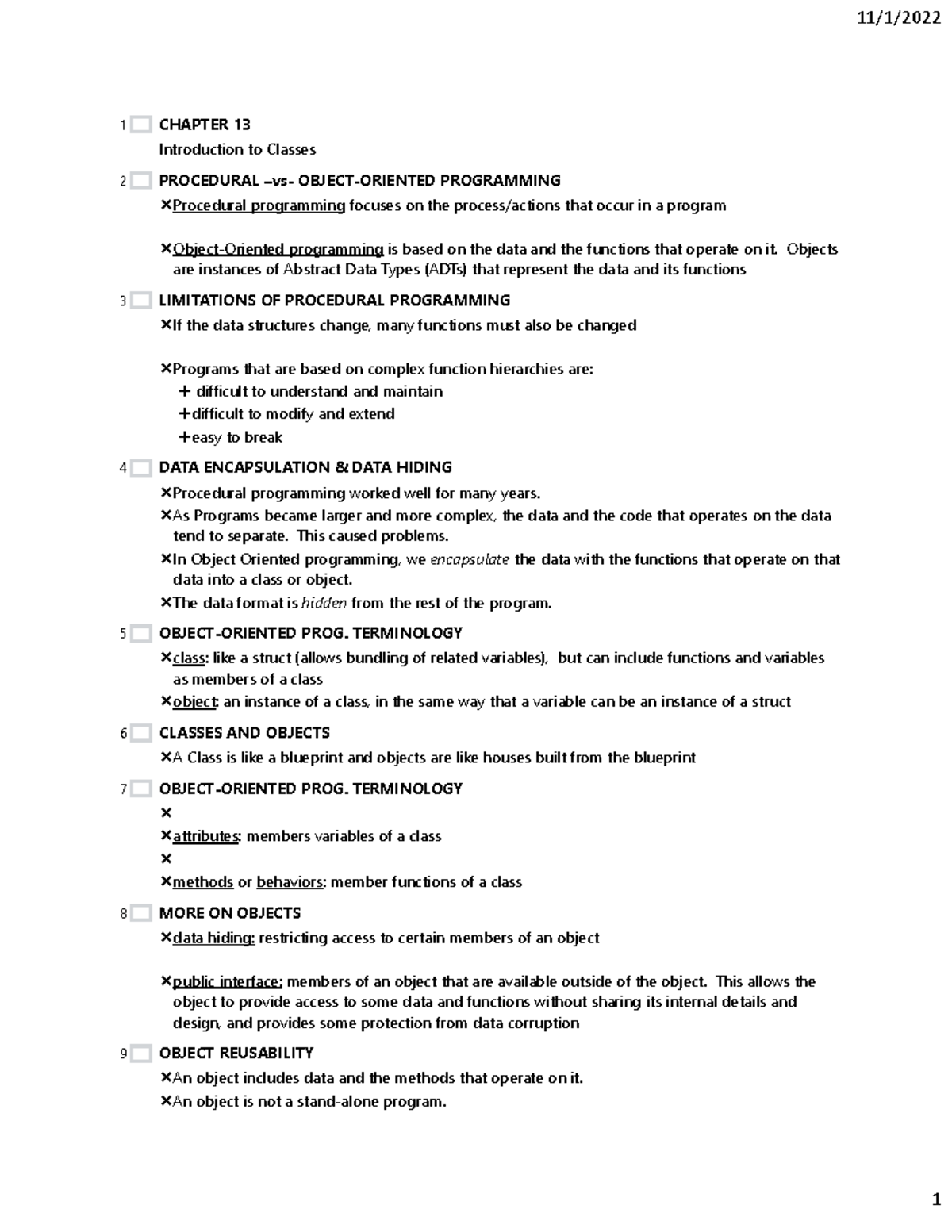 Ch 13 Outline - CHAPTER 13 Introduction to Classes PROCEDURAL –vs ...