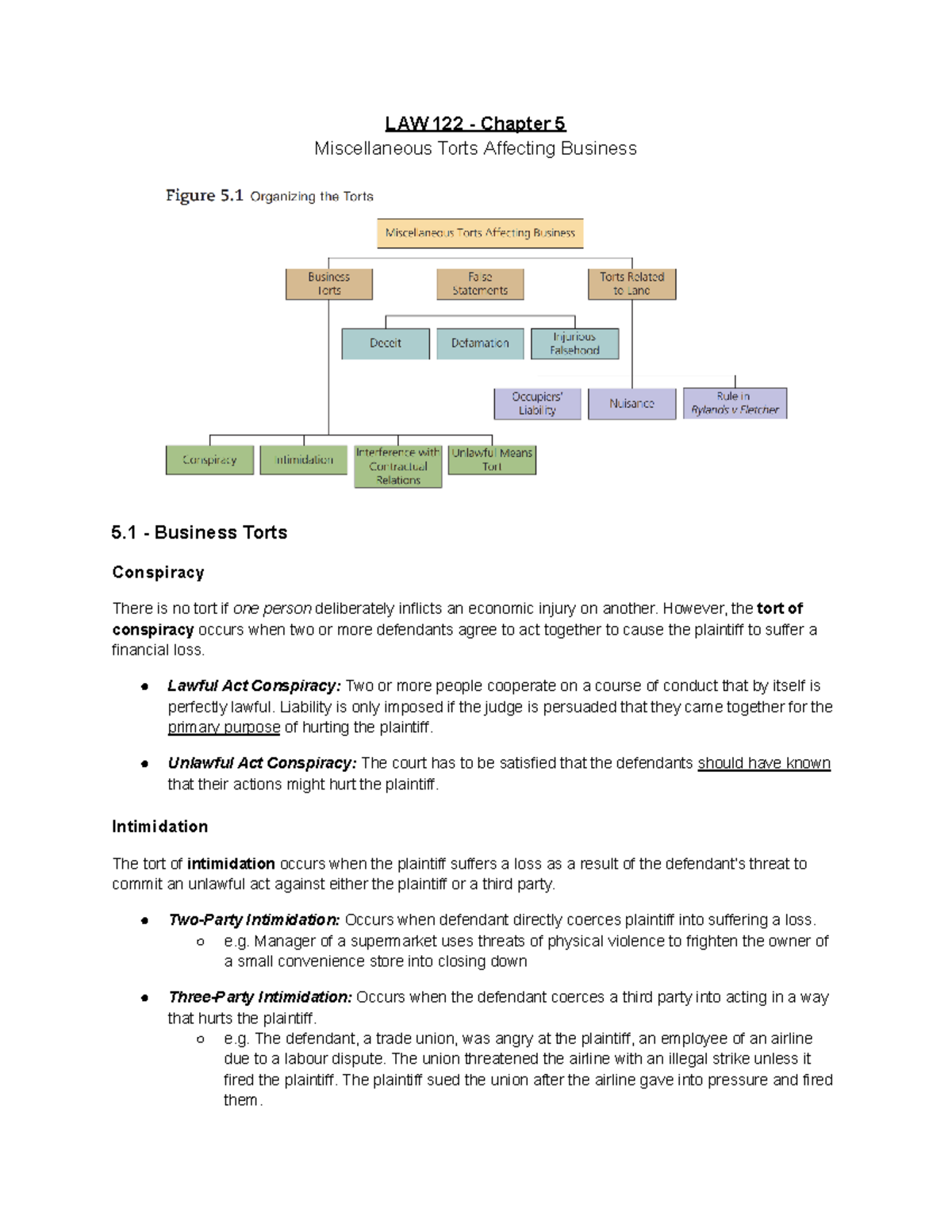 LAW 122 - Chapter 5 - Notes - LAW 122 - Chapter 5 Miscellaneous Torts ...