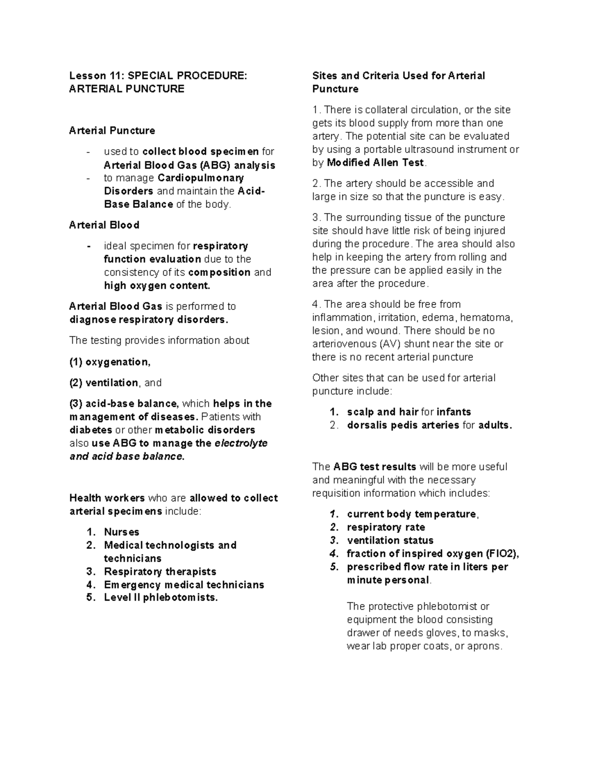 PLMS 2- LESSON 11 & 12 - Lesson 11: SPECIAL PROCEDURE: ARTERIAL ...