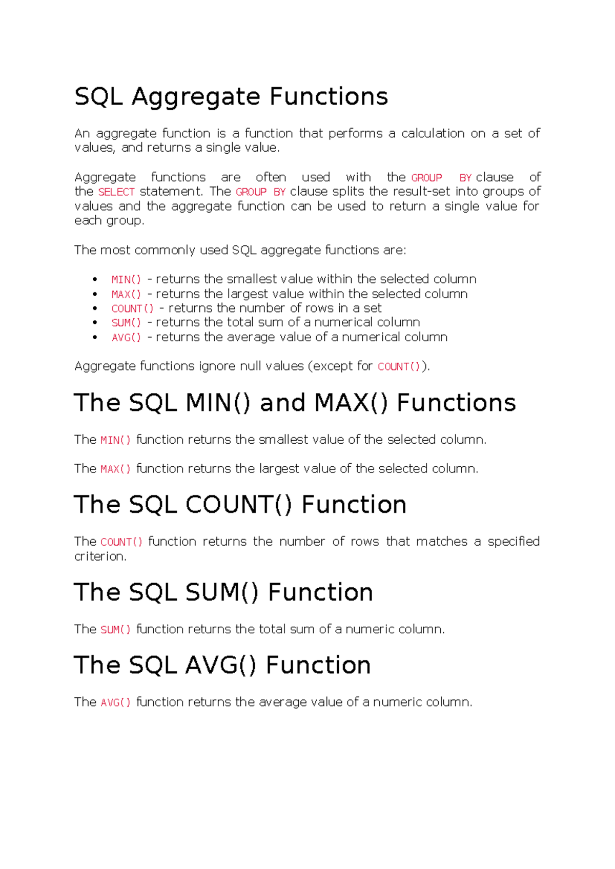 SQL Aggregate Functions - Aggregate functions are often used with the ...