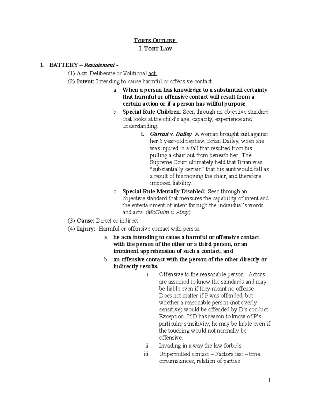 Torts Outline - Kearny - TORTS OUTLINE I. TORT LAW 1. BATTERY ...