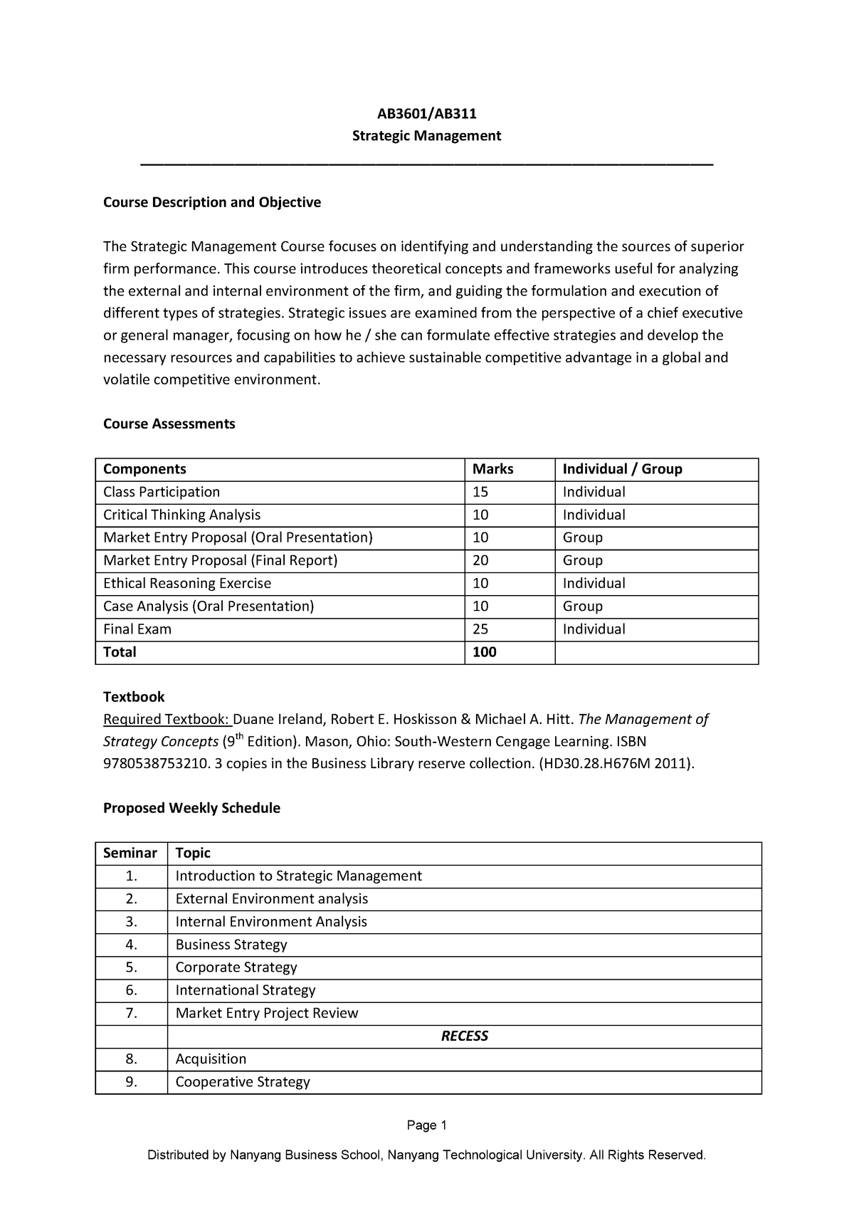 AB3601 Course Outline - Strategic Management Course Description and ...