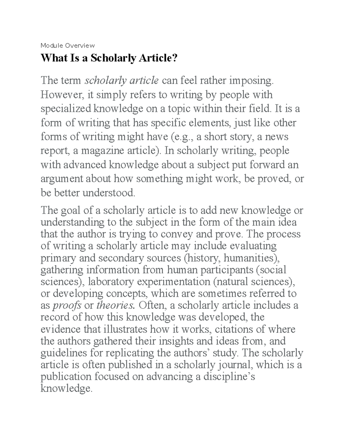 What Is a Scholarly Article Module Overview What Is a Scholarly