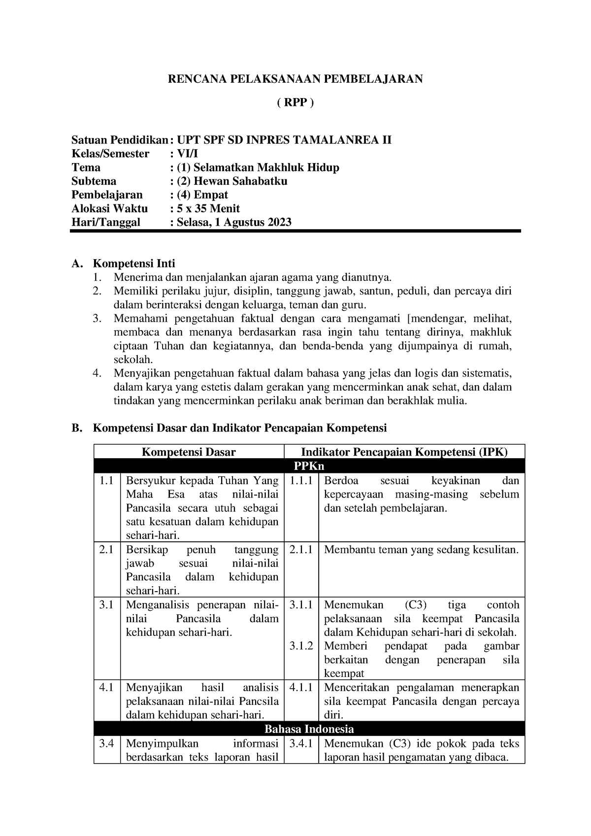 RPP Siklus 1 - RENCANA PELAKSANAAN PEMBELAJARAN ( RPP ) Satuan ...