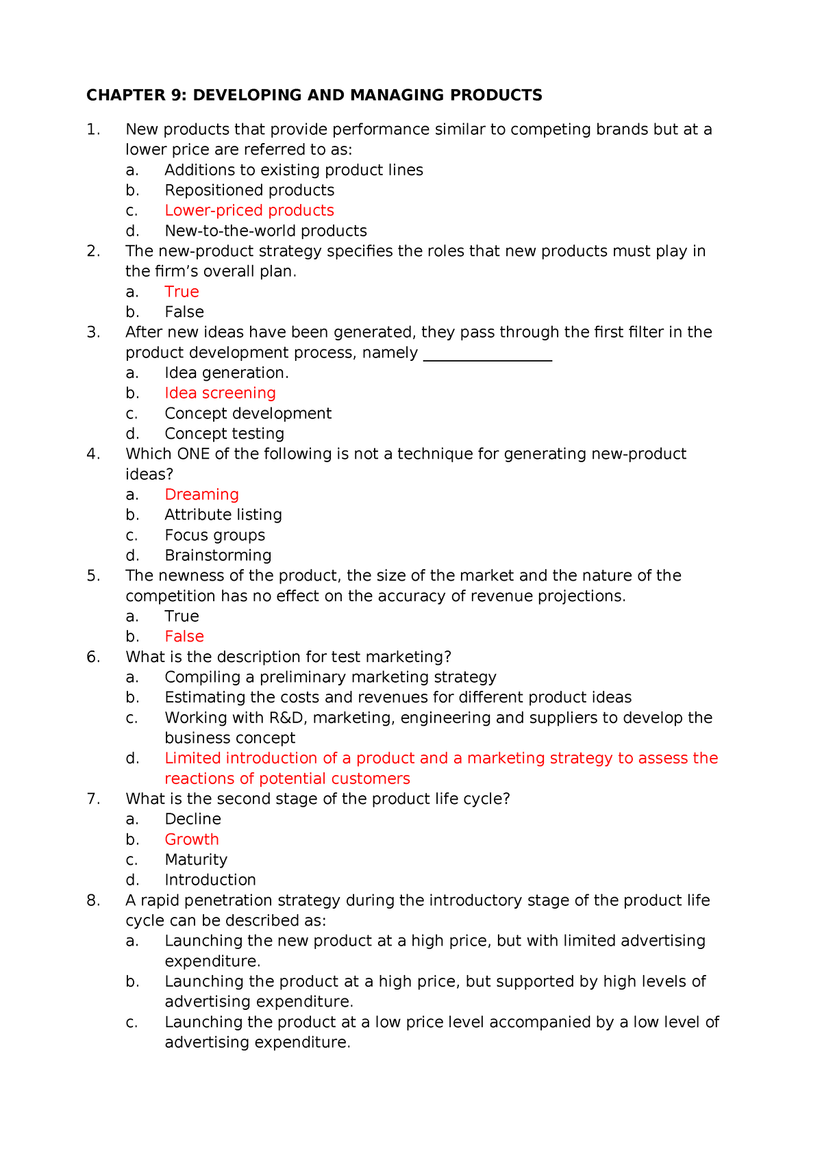 Chapter 9 Answers - CHAPTER 9: DEVELOPING AND MANAGING PRODUCTS New ...