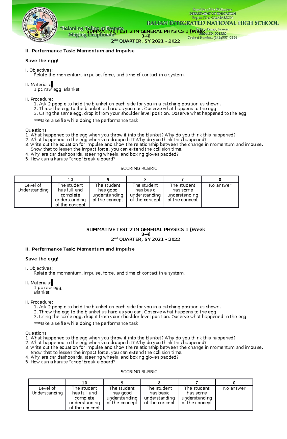 Q2 Gen Phy 1 Perf Test Wk 3 4 - SUMMATIVE TEST 2 IN GENERAL PHYSICS 1 ...