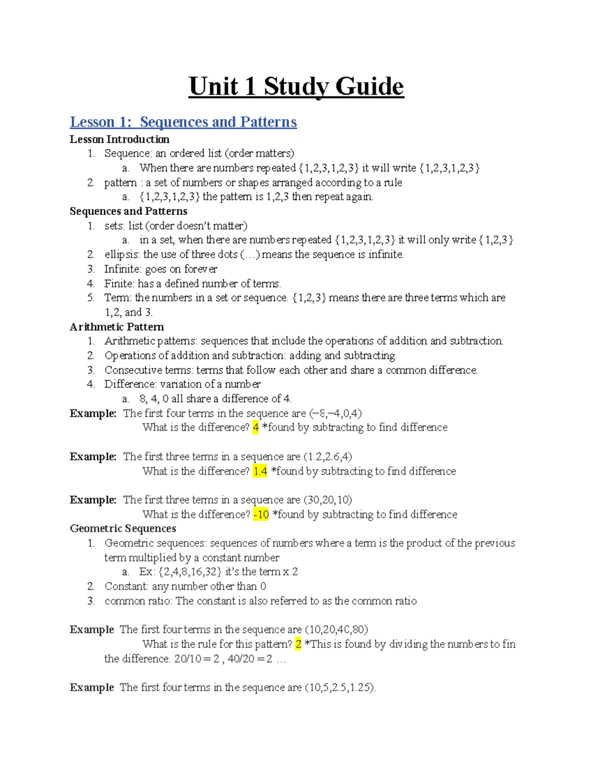 D126 Unit 1 Study Guide - Unit 1 Study Guide Lesson 1: Sequences And ...