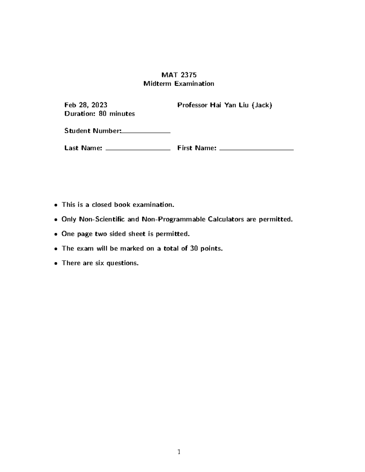 Midterm 2375Winter 2023Solution - MAT 2375 Midterm Examination Feb 28 ...