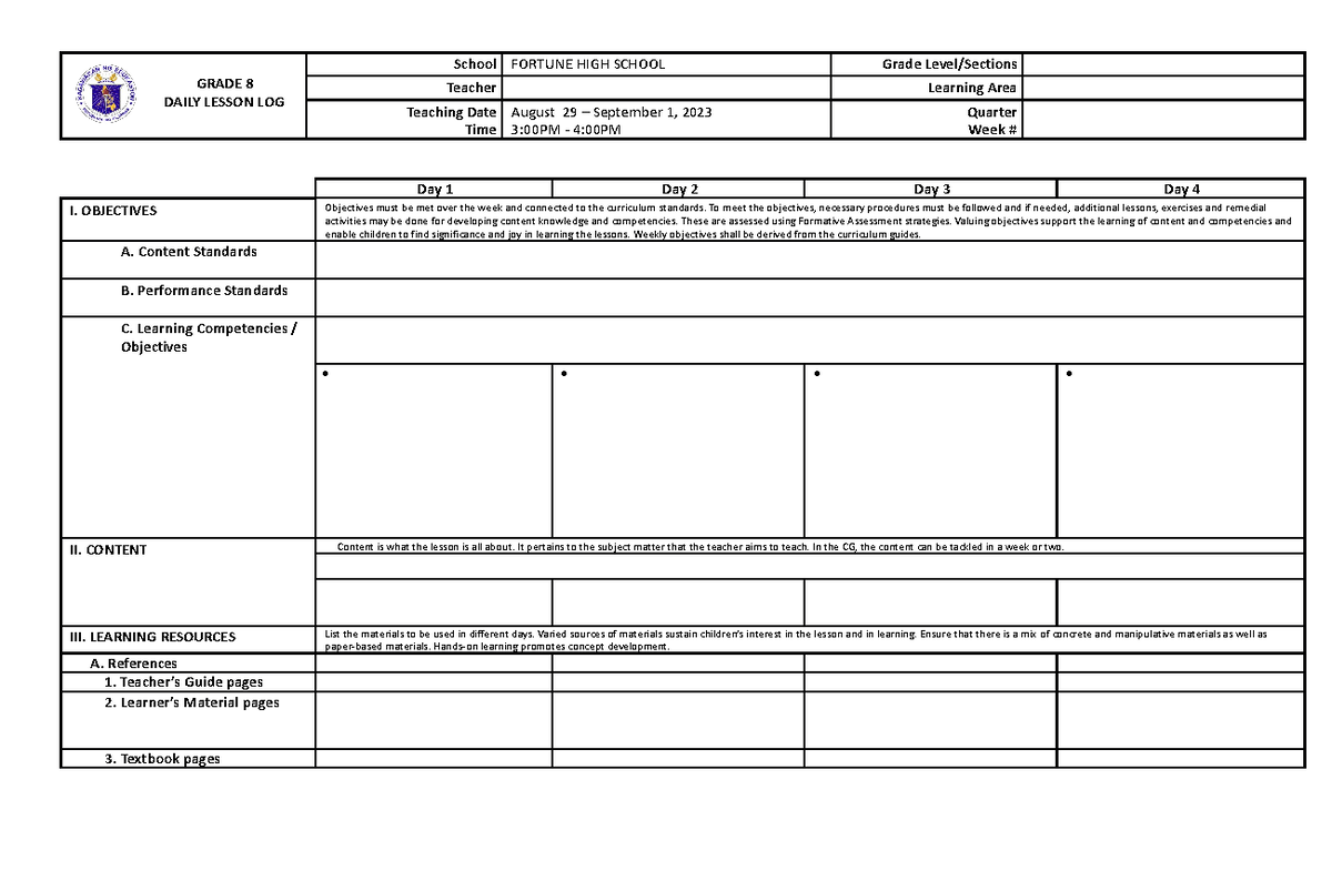 DLL template - GRADE 8 DAILY LESSON LOG School FORTUNE HIGH SCHOOL ...