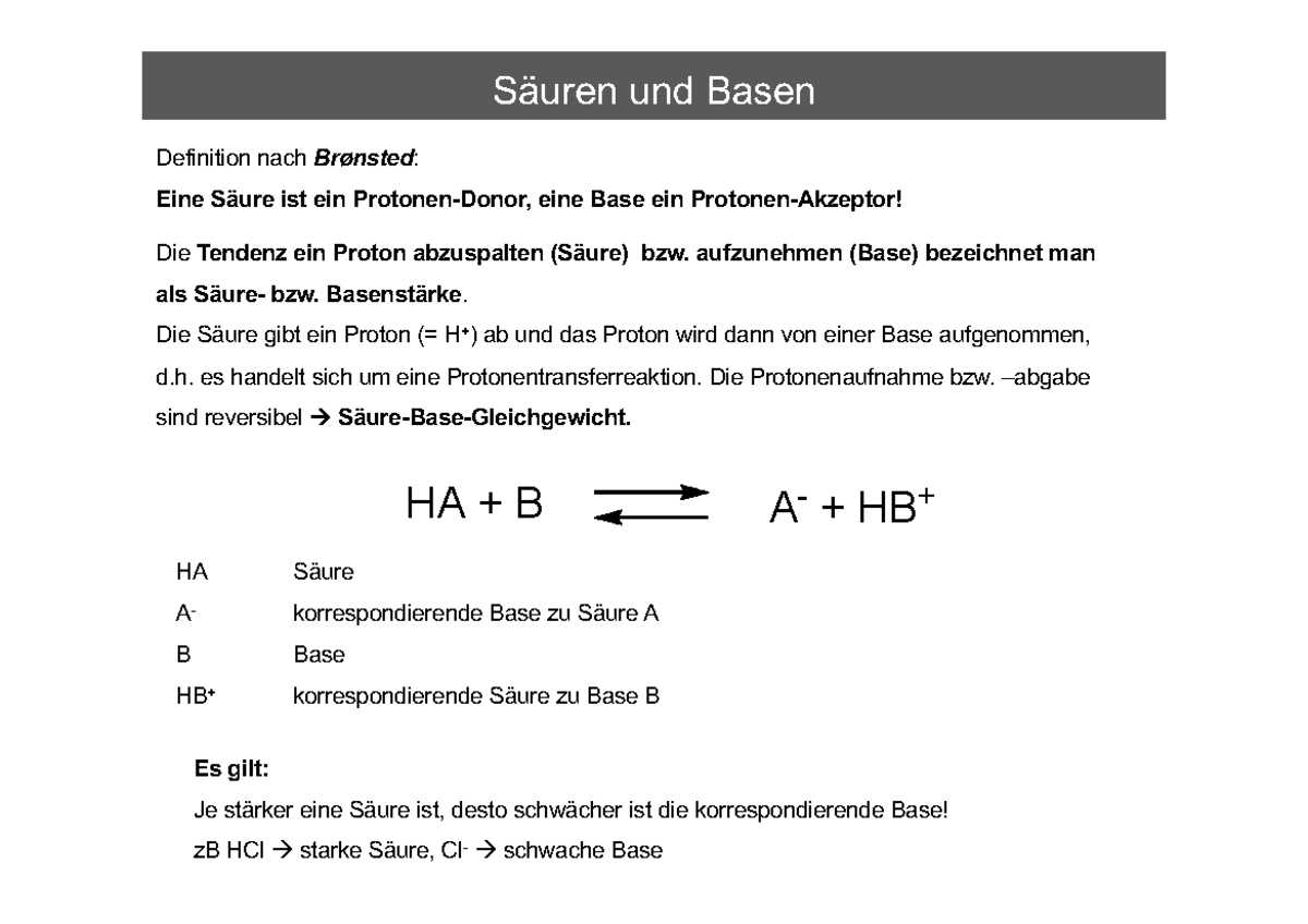 Teil 3 Säuren und Basen Definition nach Brønsted Eine Säure ist ein ProtonenDonor, eine Base