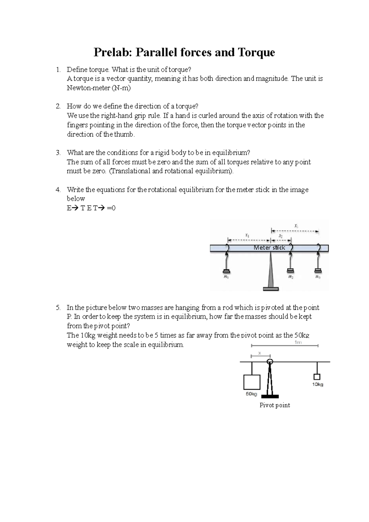 Prelab 4 prelab Prelab Parallel forces and Torque Define torque