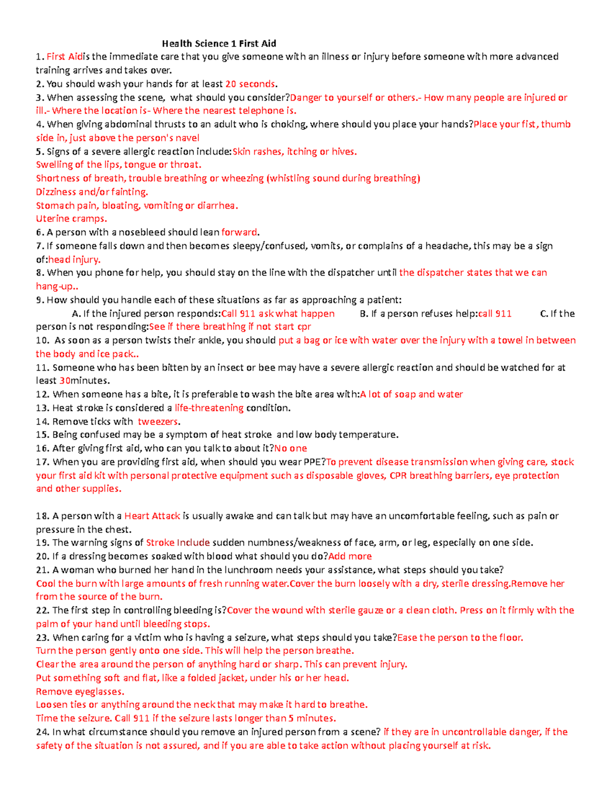 CPR First Aid Test Study Guide Health Science 1 First Aid First Aidis