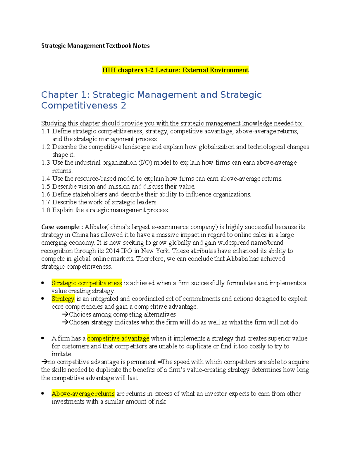 Strategic Management Textbook Notes - 1 Describe the competitive ...
