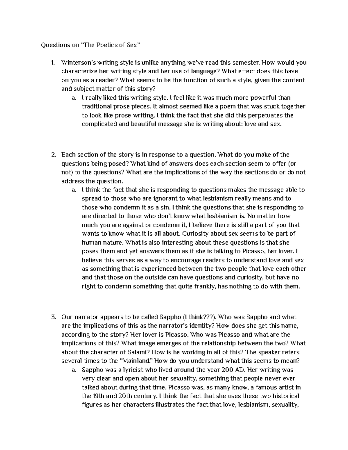 Questions On The Poetics Of Sex Questions On “the Poetics Of Sex” Wintersons Writing Style Is 6448