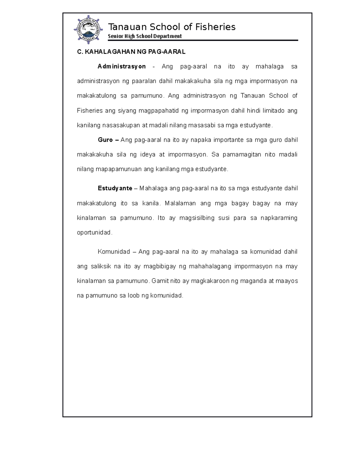 Kahalagahan ng pag-aaral thesis sa filipino Senior high school