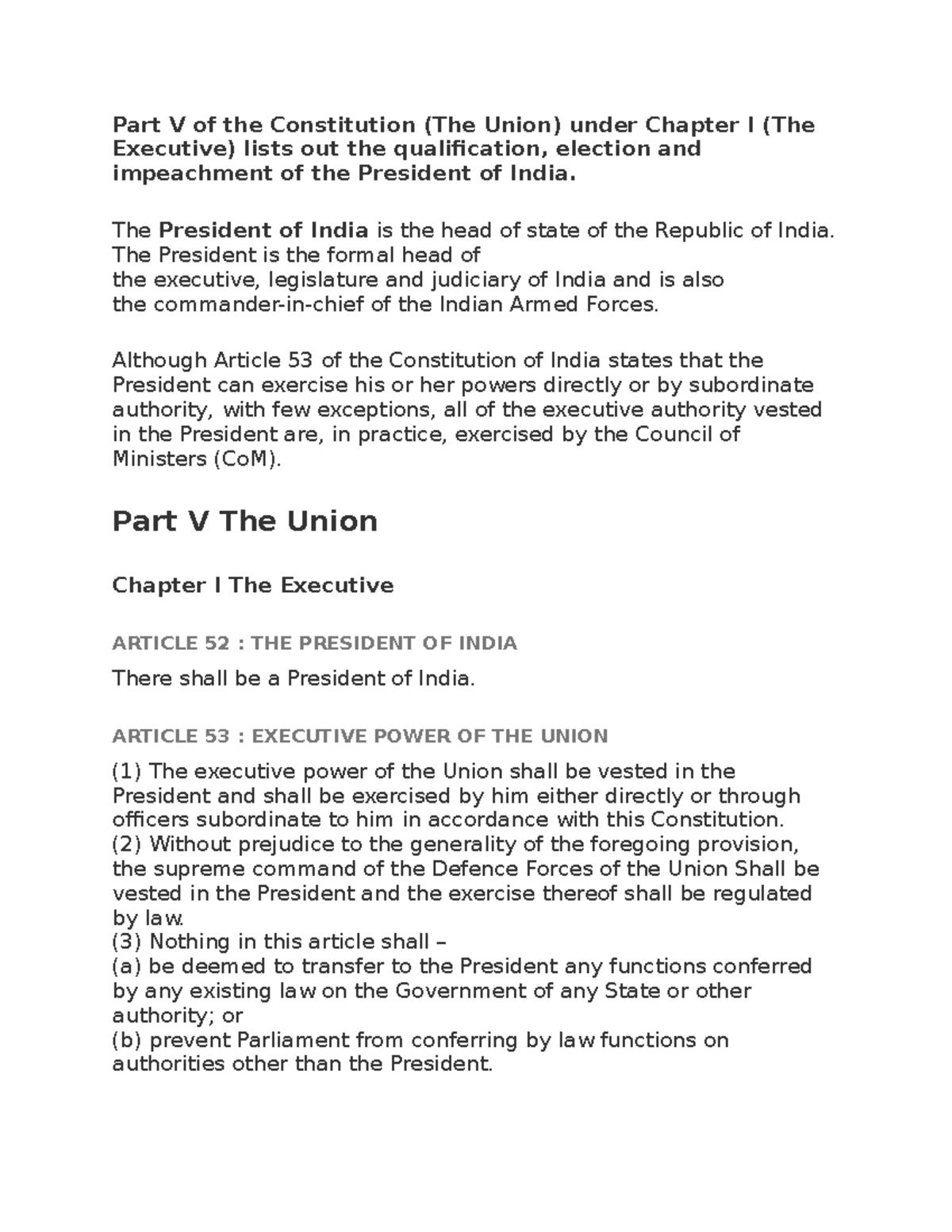 President OF India - Constitutional law - Part V of the Constitution ...