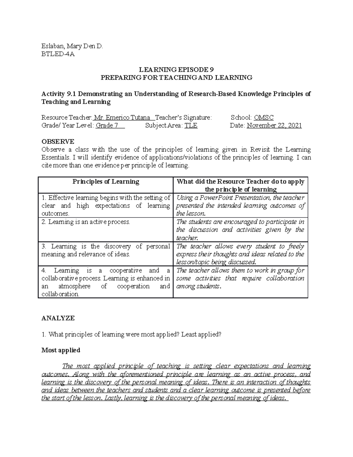 Field Study 1- Episode-9 - Eslaban, Mary Den D. BTLED-4A LEARNING ...