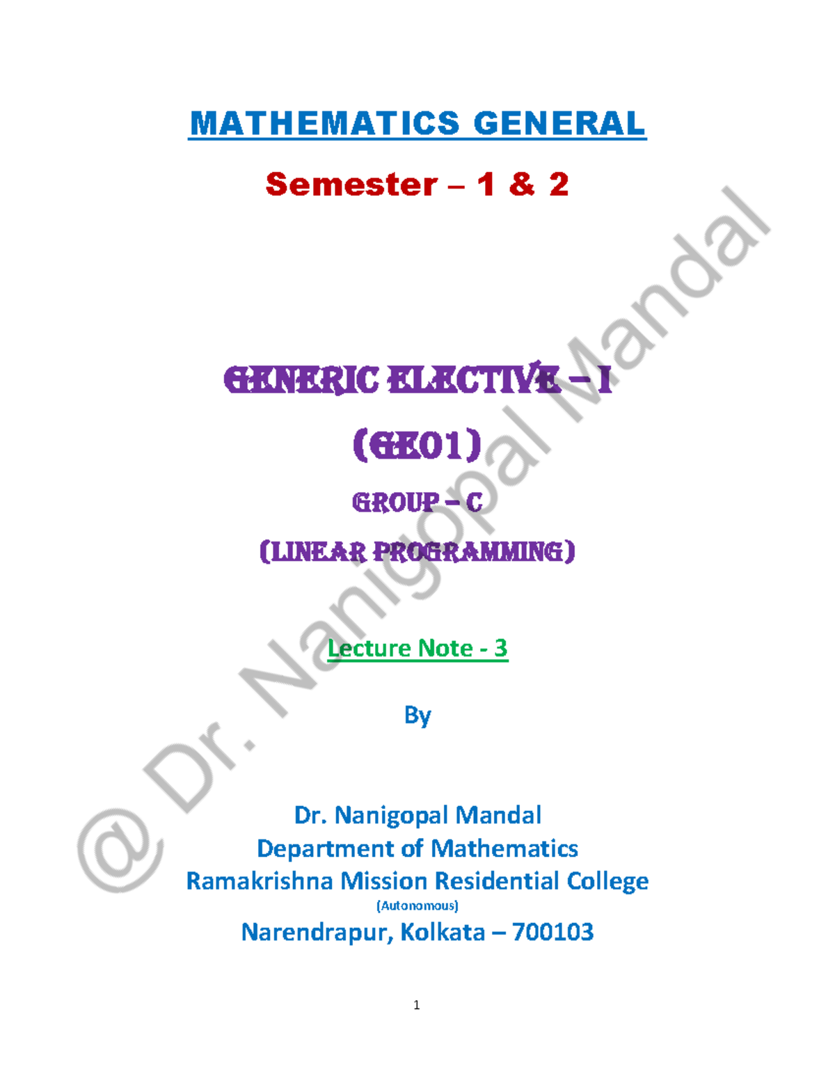 Lecture 3 Mathematics - B Sc Eco - MATHEMATICS GENERAL Semester – 1 & 2 ...