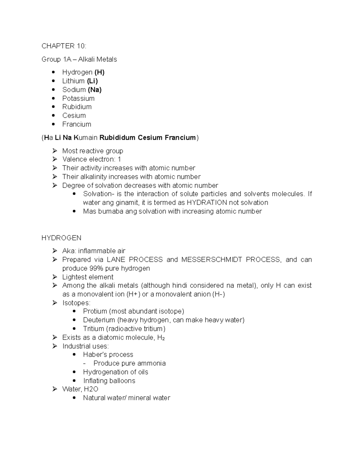 Chapter 10 notes - CHAPTER 10: Group 1A – Alkali Metals Hydrogen (H ...