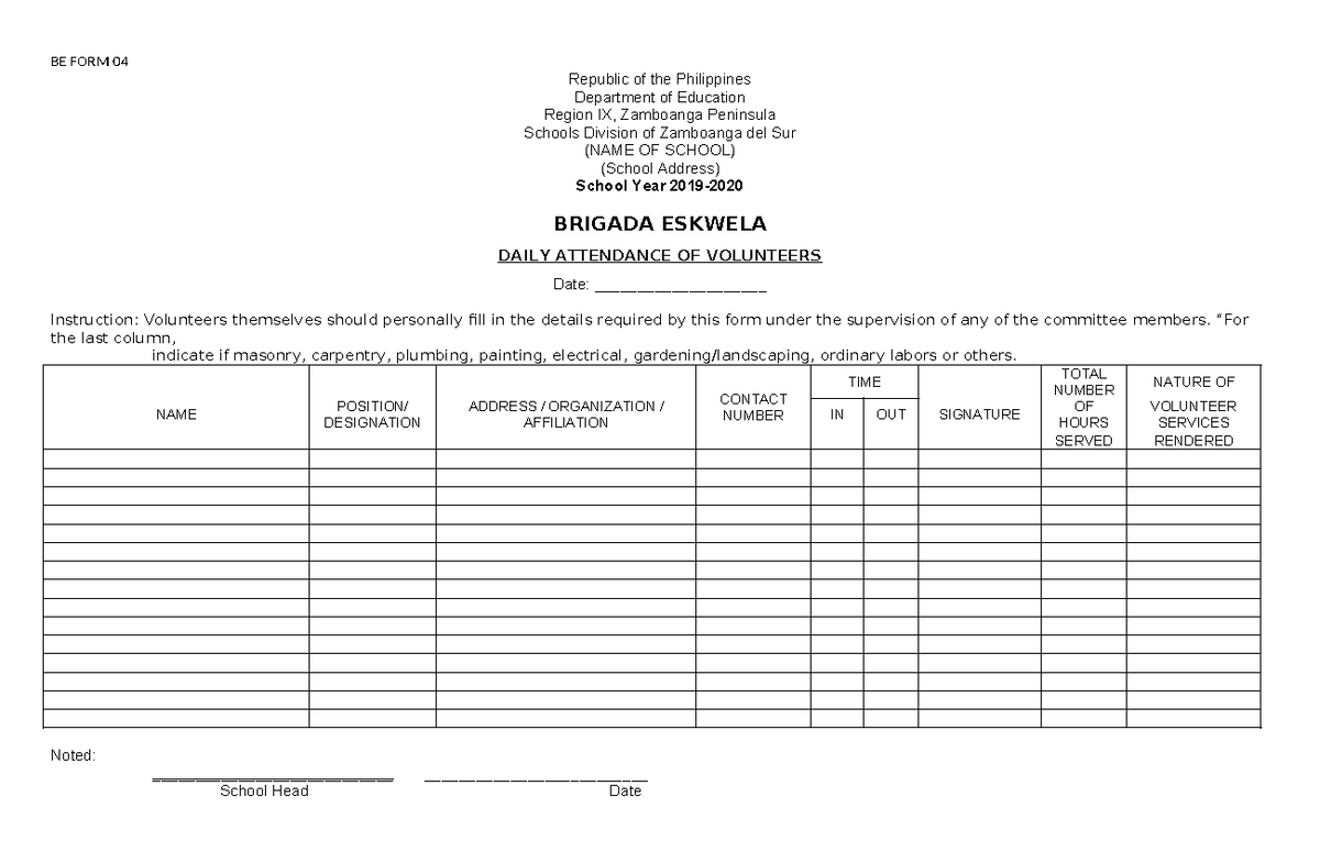 Brigada Eskwela Form 4 Daily Attendance Form - BE FORM 04 Republic of ...